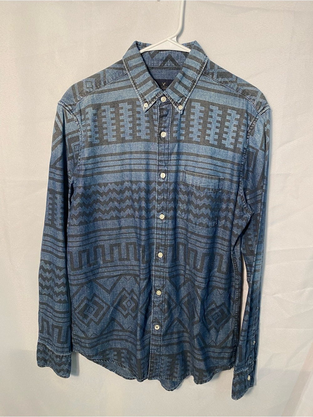 Western Vintage American Eagle Men's Blue Patterned Button-Down Shirt